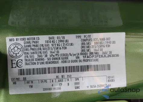 2018 Ford Focus Se z USA, uszkodzony, nr VIN 1FADP3FE8JL263036